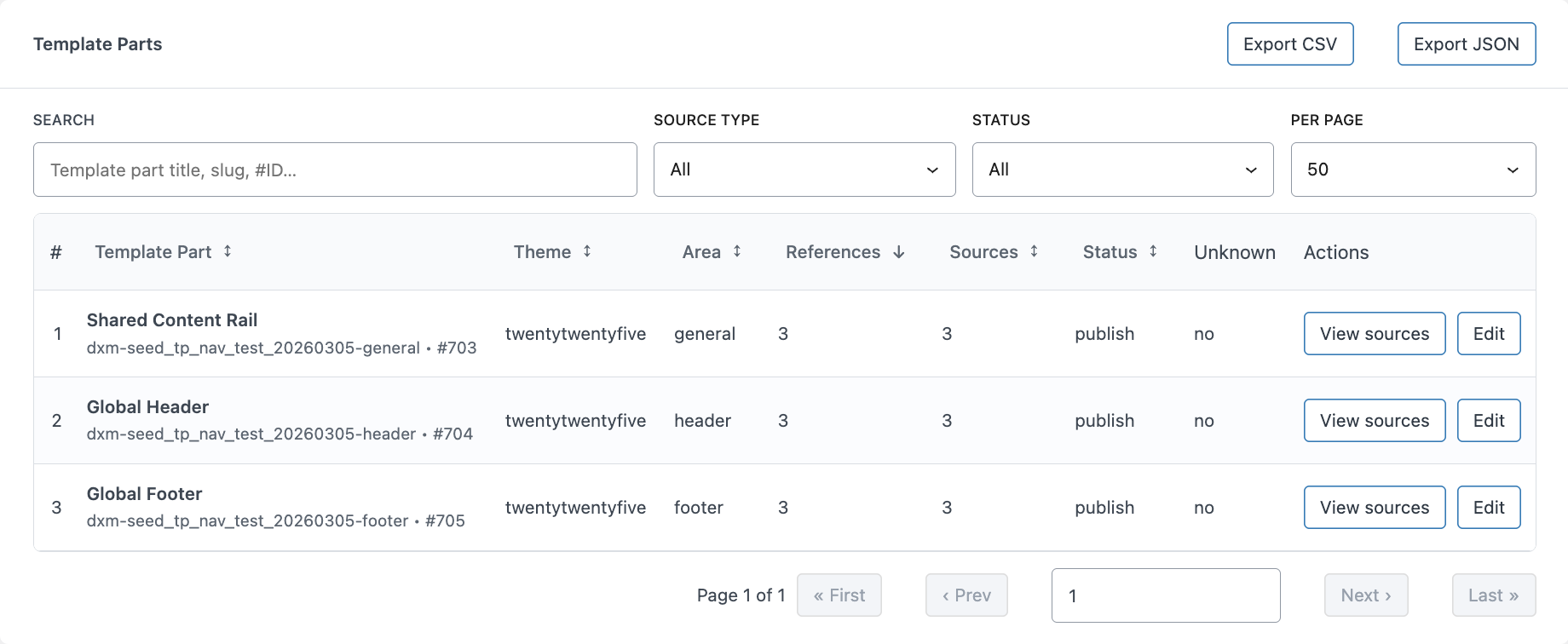 Tab-ul Template parts care afiseaza inventarul de template parts cu referinte, surse si actiuni in interfata DXM Block Audit.