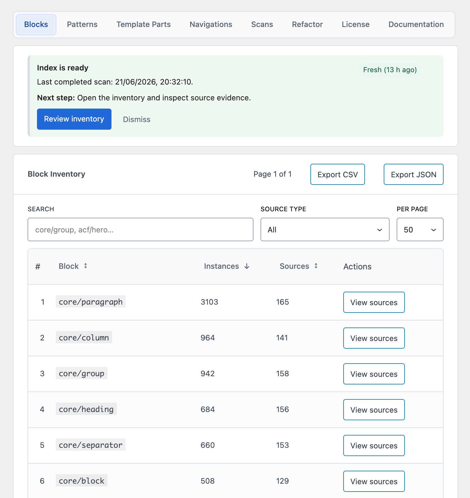 DXM Block Toolkit blocks tab showing inventory counts, source actions, and export controls.
