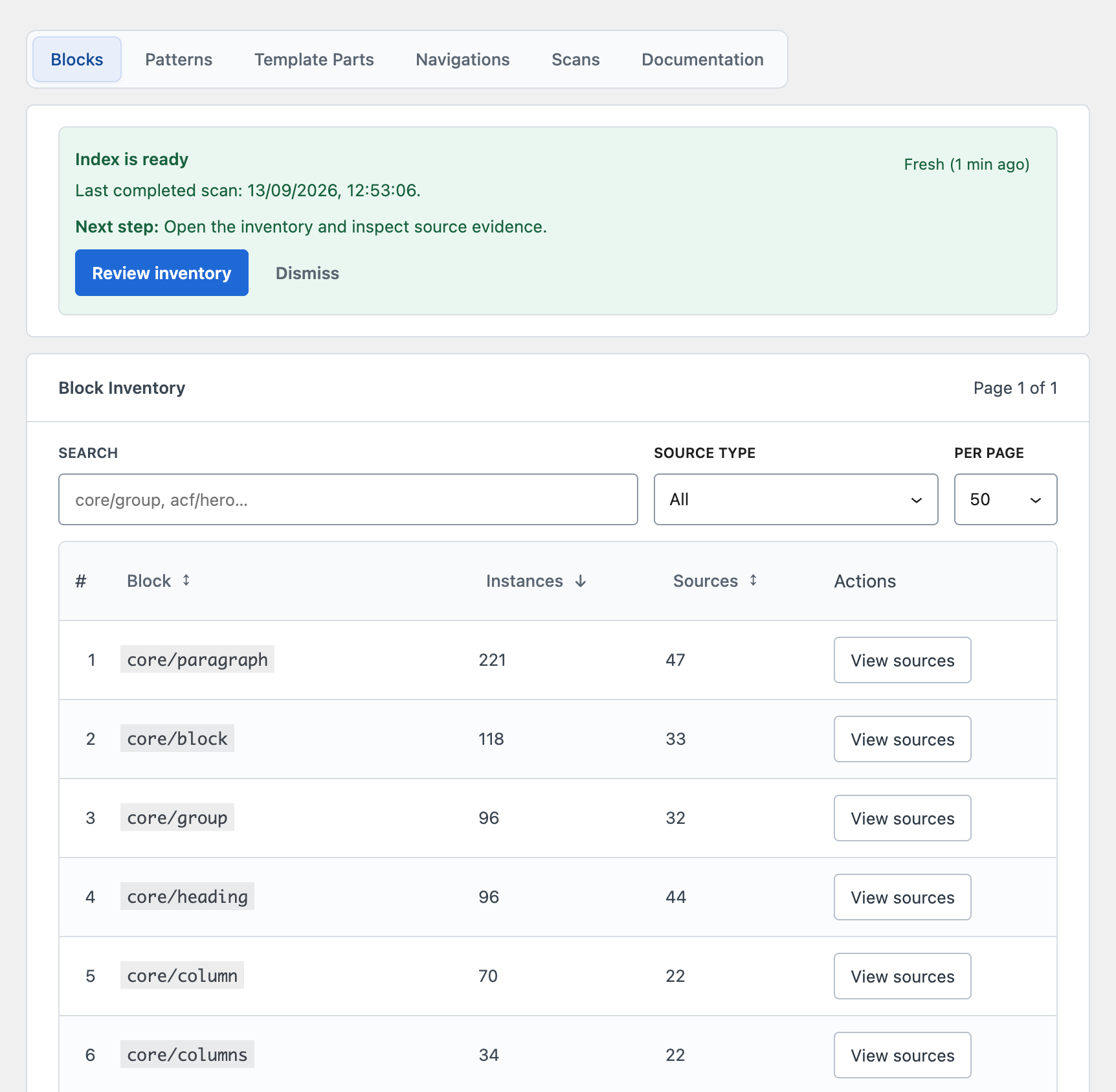 DXM Block Toolkit Lite block inventory showing indexed block totals, source counts, and source actions.