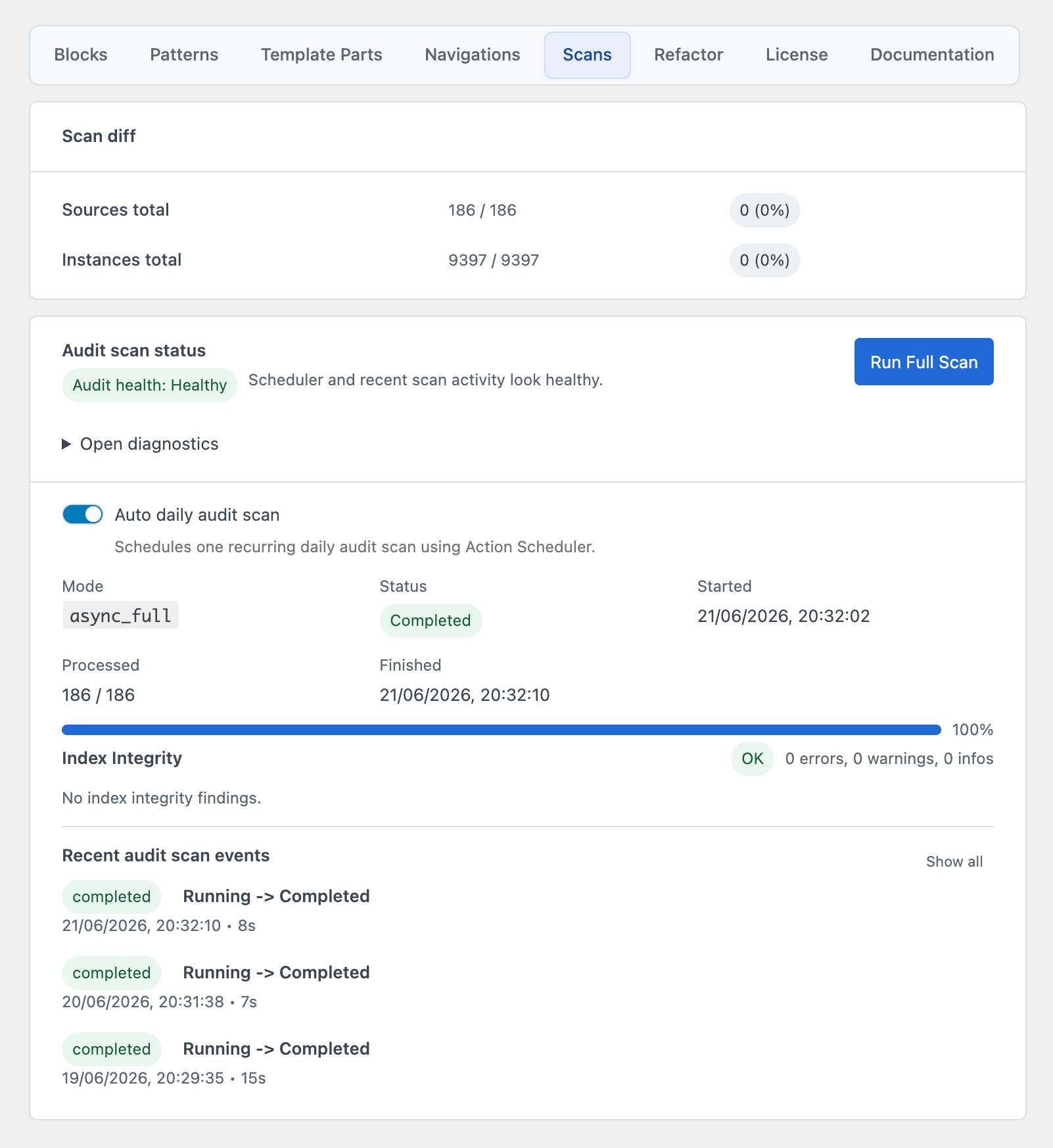 Scan health view showing baseline health, recent events, and the full-scan action in the DXM Block Toolkit admin UI.