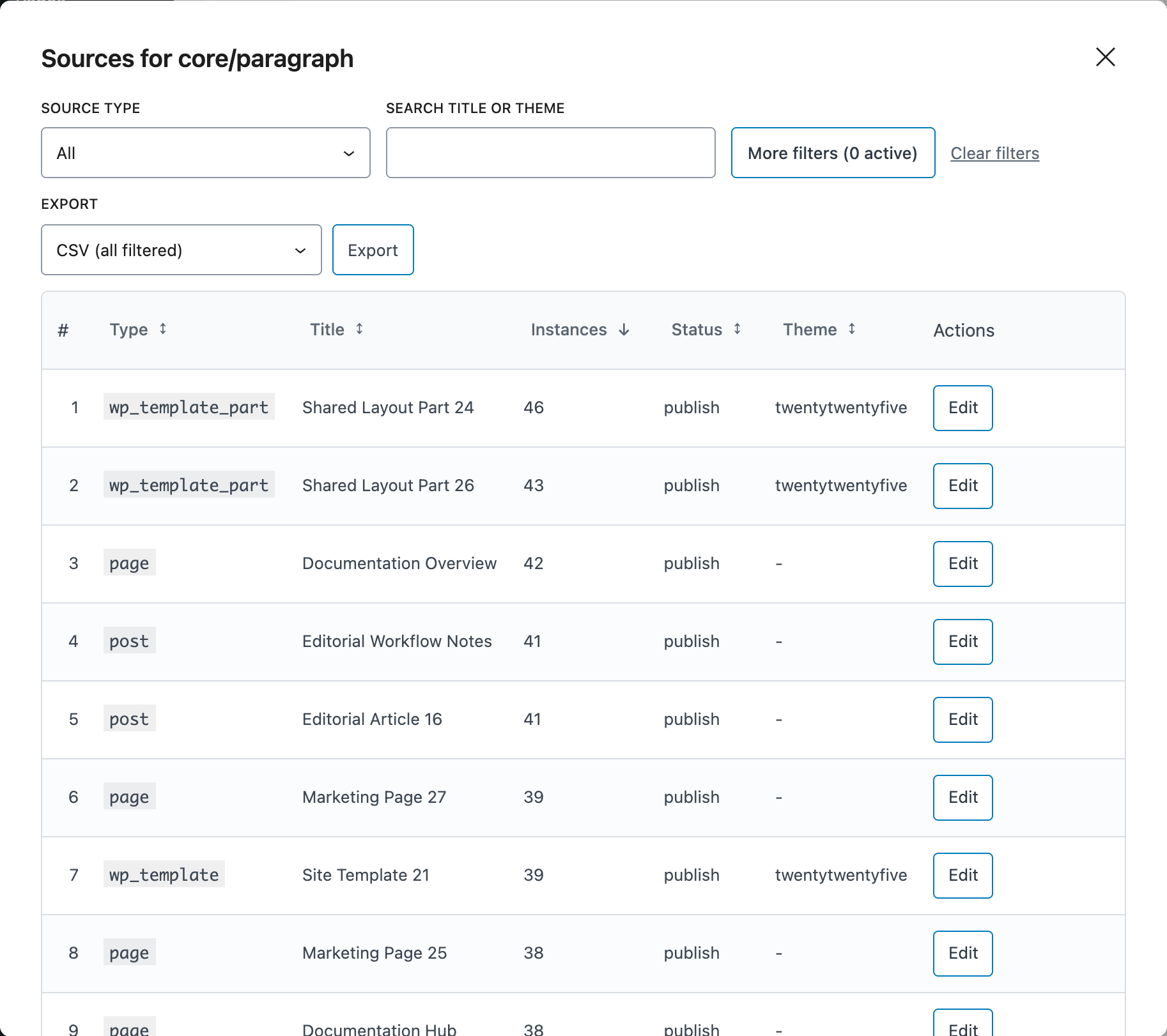 Sources modal showing search, filters, export controls, and source rows in the DXM Block Toolkit admin UI.