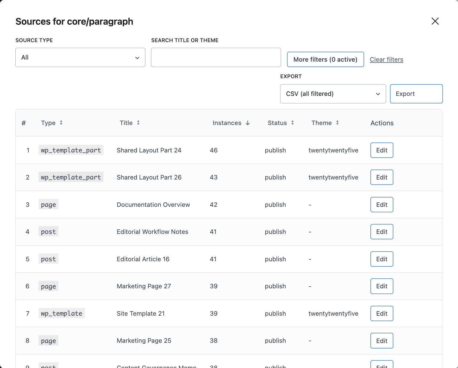 Modalul de surse care afiseaza randuri filtrate si controale de export in interfata DXM Block Audit.