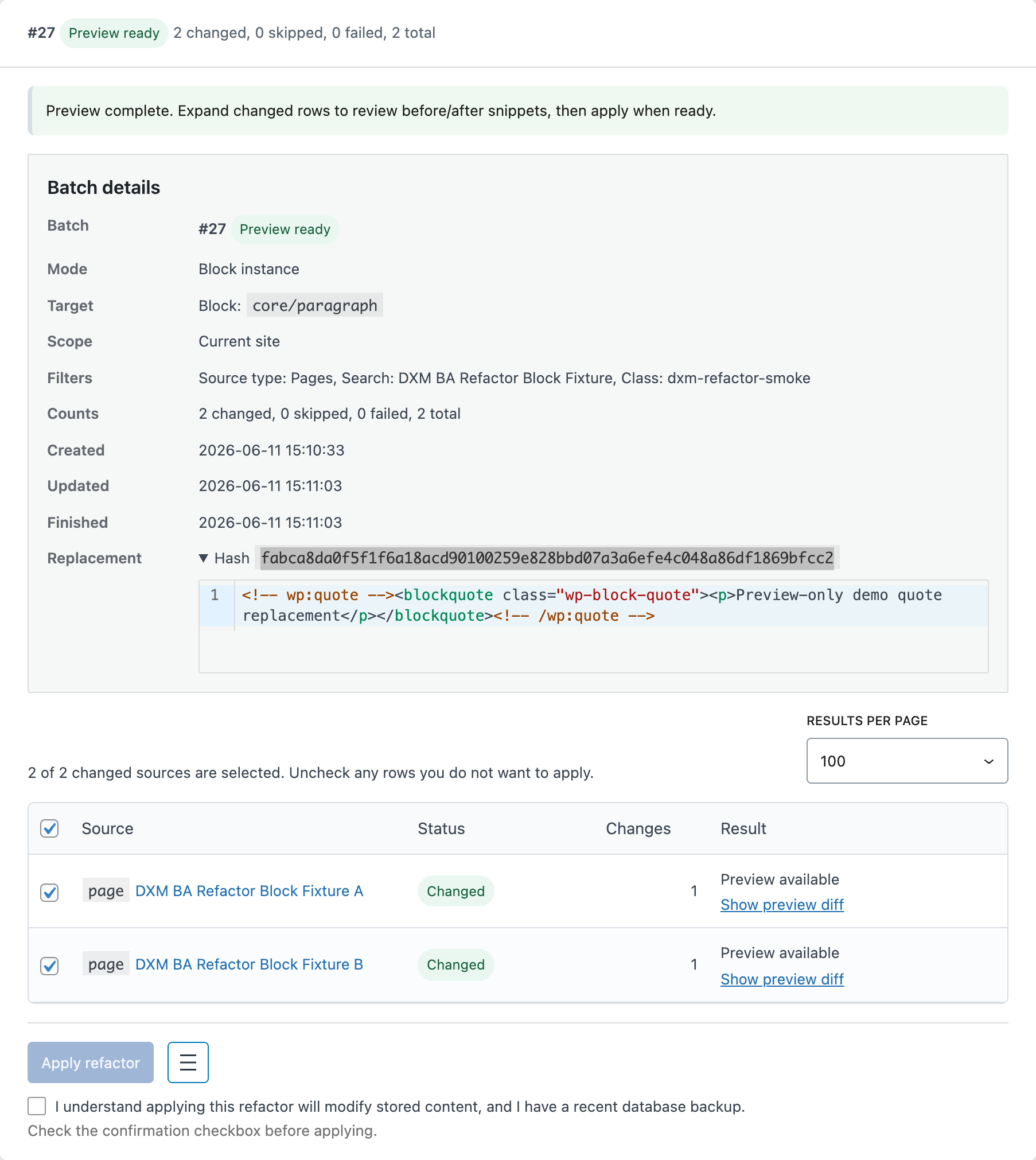 DXM Block Toolkit Refactor batch details showing replacement markup preview, operation history, and row outcomes.