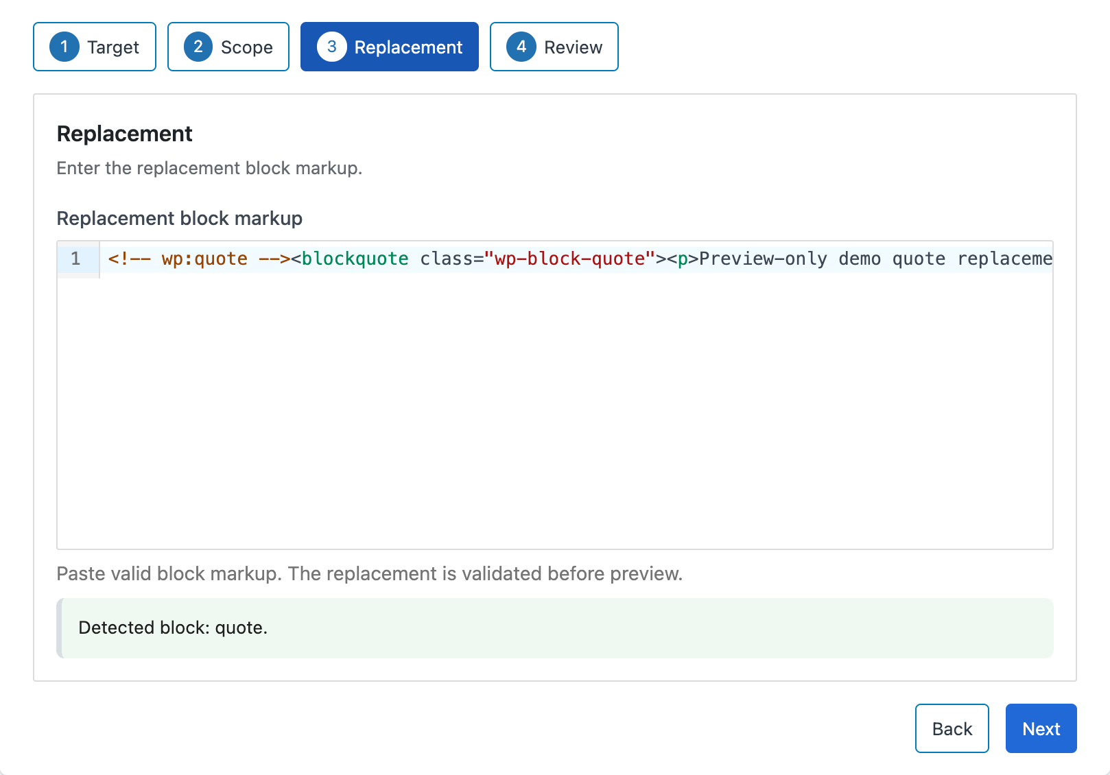 DXM Block Toolkit Refactor Replacement step showing replacement settings.