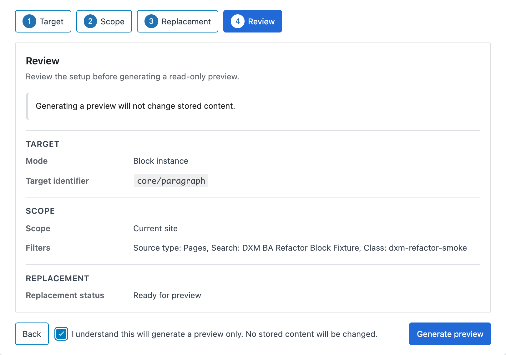 DXM Block Toolkit Refactor Review step showing the configured batch summary before apply.