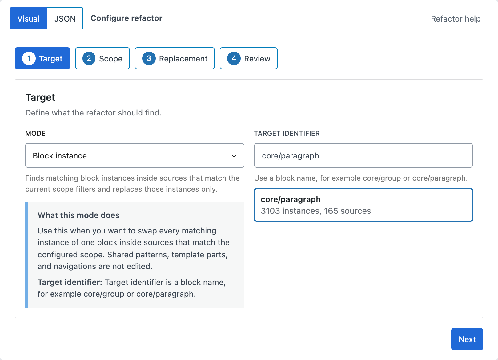 DXM Block Toolkit Refactor Target step showing mode selection for a shared definition or shared reference update.