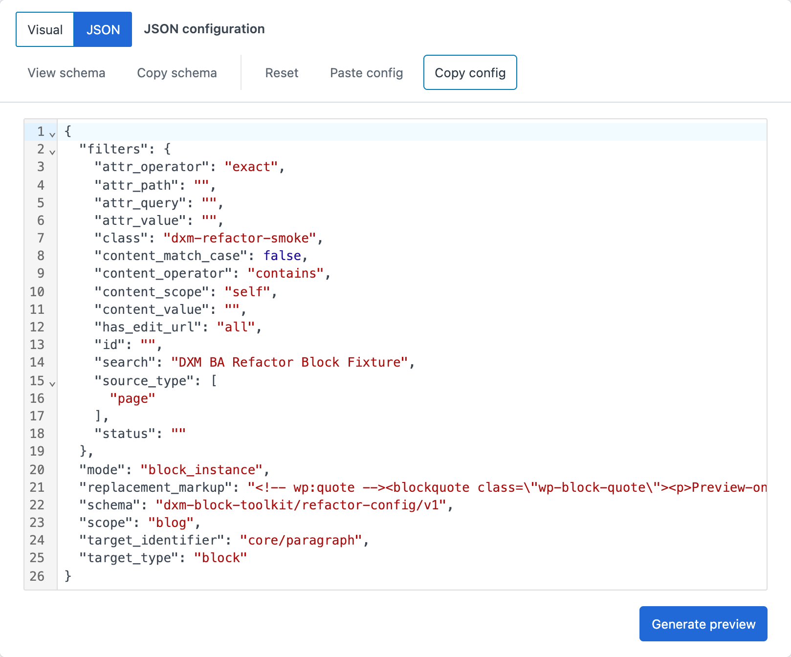 DXM Block Toolkit Refactor JSON mode showing the same batch definition outside the visual configure flow.