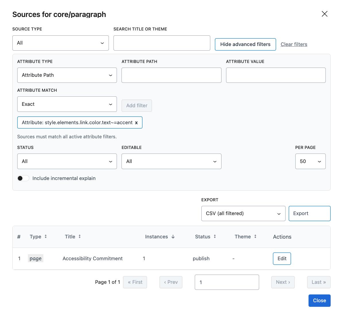Sources modal filtering block source rows by attribute path and value for QA handoff evidence.