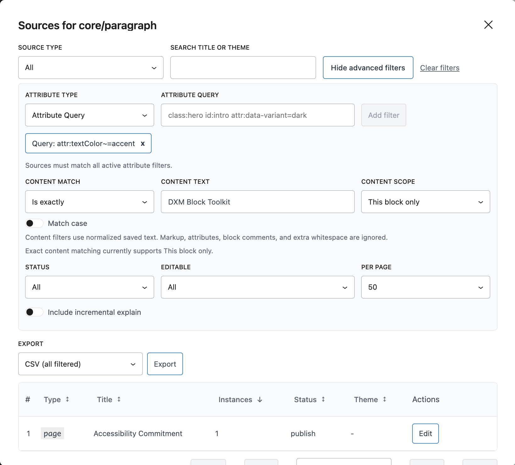 Sources modal filtering core paragraph sources with compact attribute query syntax in DXM Block Toolkit.