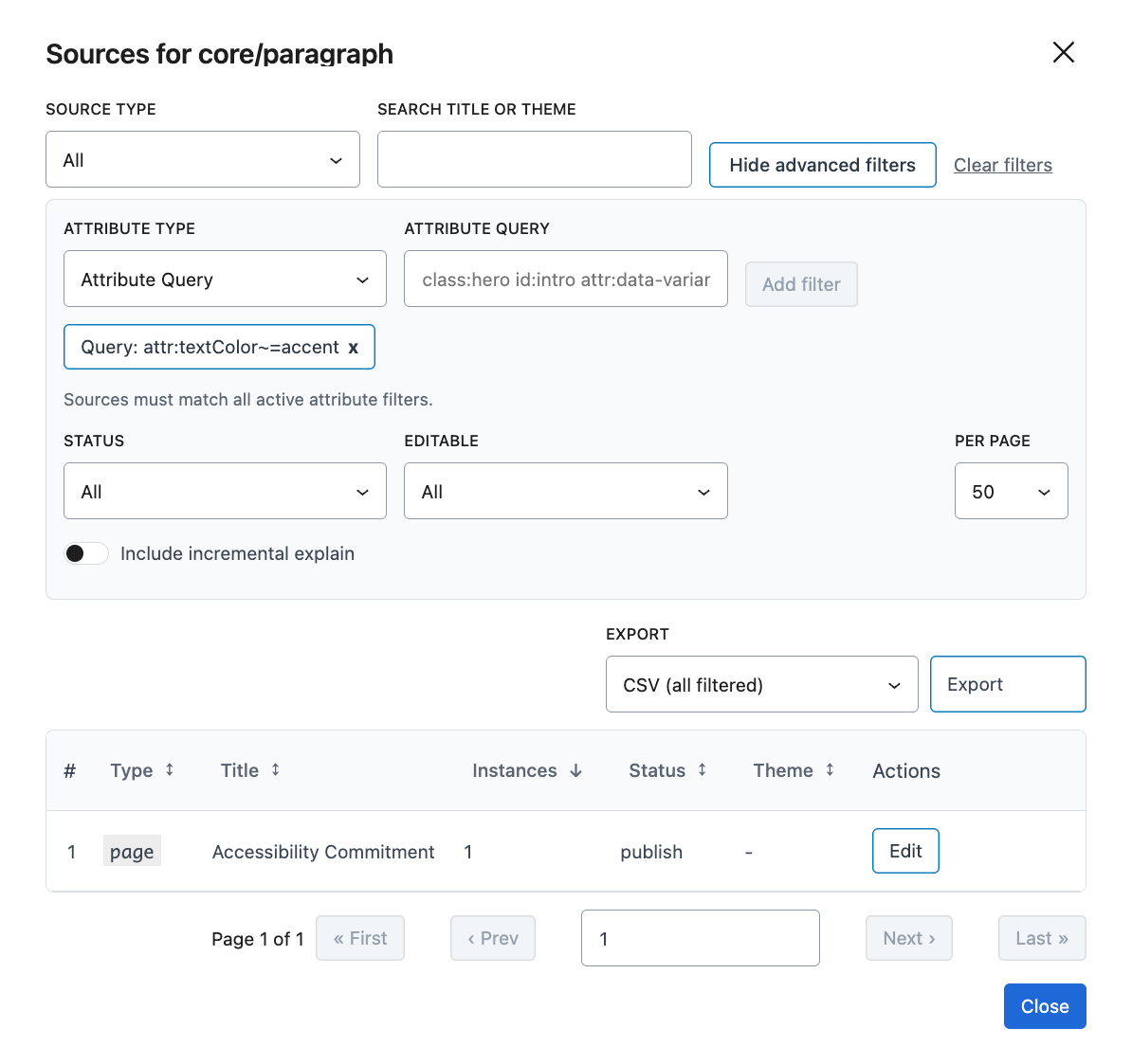 Sources modal showing advanced attribute query filters and filtered source rows in the DXM Block Audit admin UI.