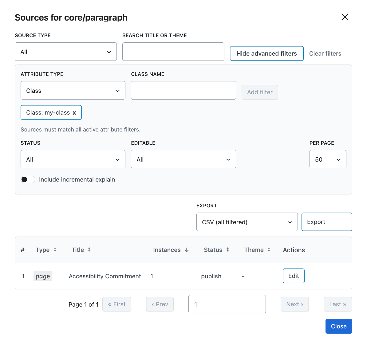 Sources modal filtering block source rows by class token for redesign impact review.