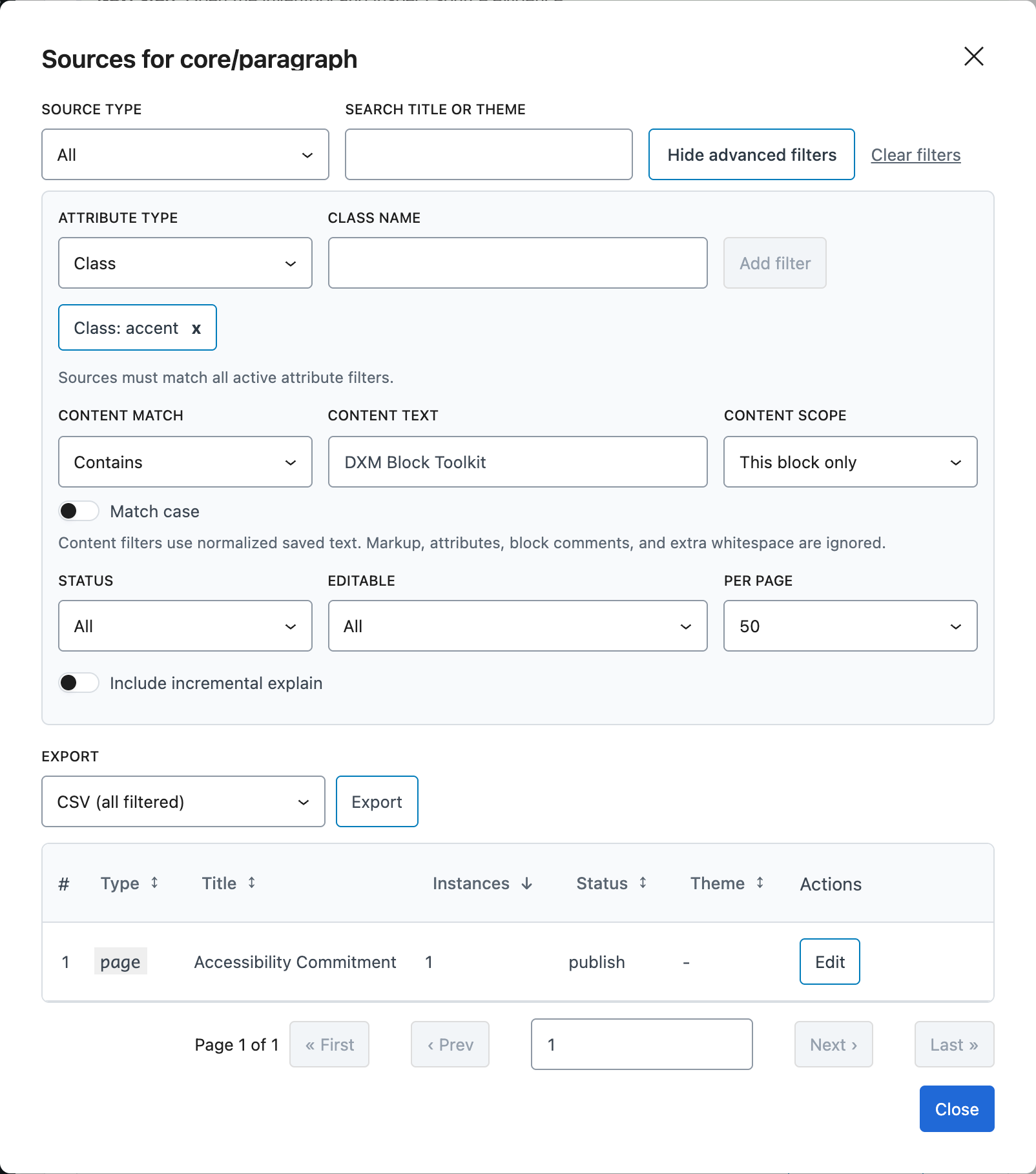 Sources modal filtering block source rows by class token for redesign impact review.