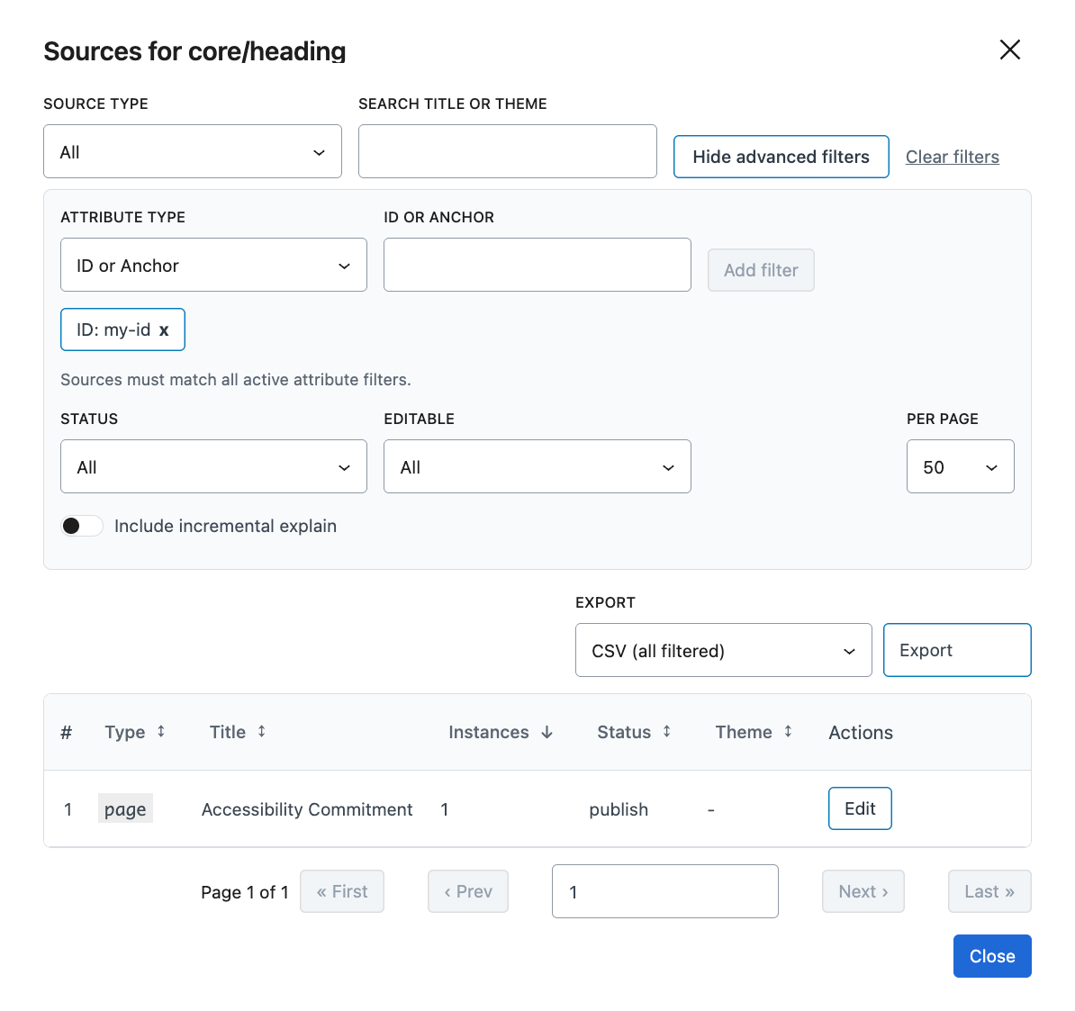 Sources modal filtering core heading sources by an ID or anchor in DXM Block Audit.